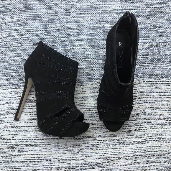 black bootie peep toe heels